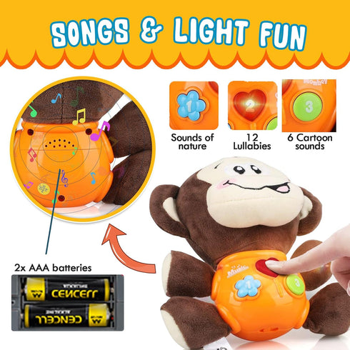 Insnug Plush Monkey Musical Baby Toys - Educational Montessori Stuffed Animal Light Up Toys Small Fun Sensory Brain Development for Newborn Infant...