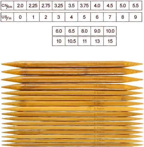 RELIAN Double Pointed , 75 Pcs Bamboo Knitting Needles Set, 15 Sizes from 2.0mm-10.0mm(8 Inches Length)+ 4Pcs Knitting Needles Point Protectors...