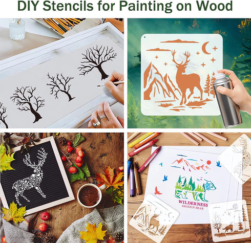 Forest Wildlife Animal Stencils for Painting, 16 Pcs Plastic Reusable Stencils for Kids of Deer Bear Tree Patterns for Painting on Wood Wall Fabri...