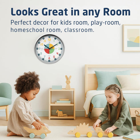 OWLCONIC Non Ticking Analog Clock for Kids Learning to Tell Time, Teaching Clock for Kids Wall, Clocks for Classroom, Homeschool Decor, Bedrooms, ...