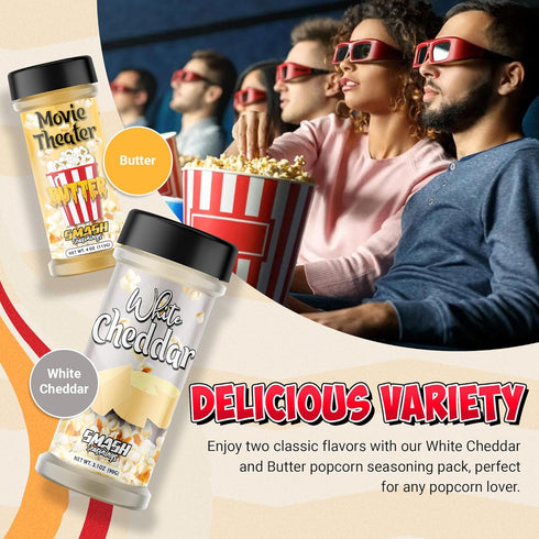 Smash Seasonings White Cheddar Cheese & Movie Theater Butter - 2 Pack of Delicious Popcorn Flavoring Seasoning in a Shaker Bottle - Enhance Your S...