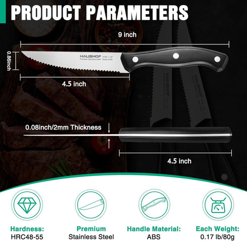 HAUSHOF Steak Knives Set of 4, Premium Stainless Steel Serrated Steak Knife Set with Gift Box, Full Tang and Ergonomic Handle, Gifts Knife Set for...