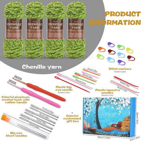 4 * 3.35oz/100g Chenille Yarn, Velvet Yarn, Chenille Yarn for Crocheting, Blanket Yarn with Big Eye Needles, Stitch Markers, Soft Chenille Yarn fo...