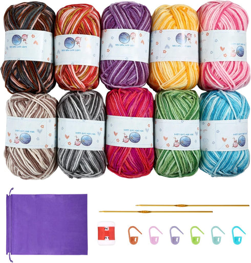 10x50g Multi Color Acrylic Yarn 50g 1750 yards Crochet Yarn Starter kit with Purple Bag for Knitting Crocheting Weaving Adult and Kid Craft Projec...