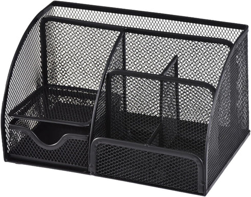 Black Mesh Pen Holder and Organizer Office Supplies with 7 Compartments, Desktop Organizer with Drawer, Metal Pen Holder for Desk, ?9.1" x 5.9" x ...