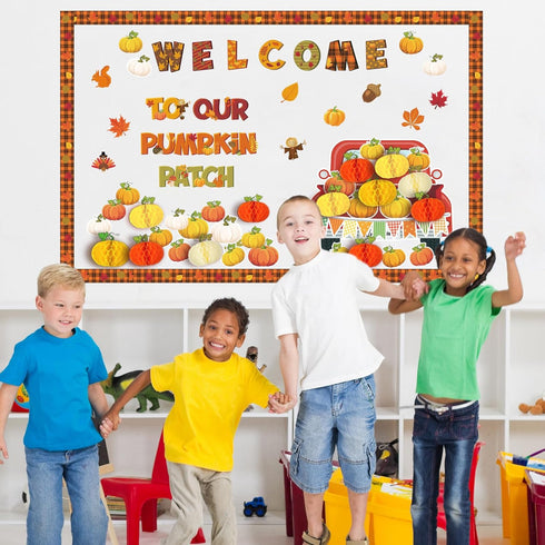 Qilery 98 Pieces Fall Classroom Bulletin Board Decorations Welcome to Our Patch Red Truck Maple Leaves Pumpkin Thanksgiving Paper Cutouts with Hon...