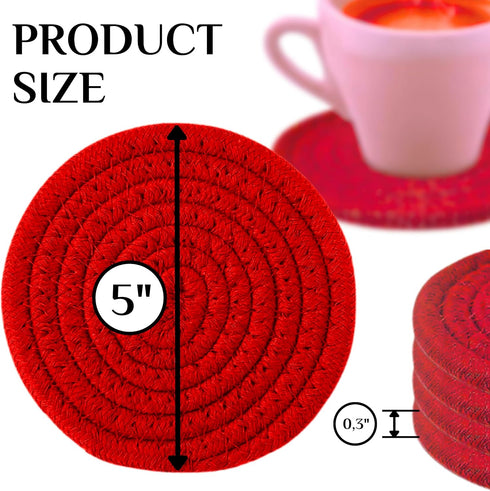 8PCS Cotton Round Woven Coasters Drink - Red Handmade Braided Cup Coasters Absorbent Woven Circles Hot Pads Mats for Drink Home Kitchen Heat-Resis...