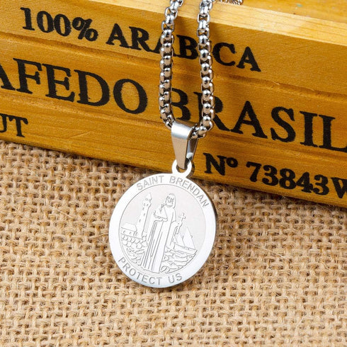 Saint Brendan Necklace - 1" Stainless Steel Catholic St. Brendan Medal Pendant with 24" Chain...