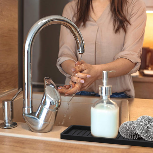 ZAPPOWARE Silicone Kitchen Sink Caddy Sponge Holder 12"x4.7", Black - Bathroom Vanity Tray Organizer, Soap Tray for Dish Scrubber, Soap Dispenser...