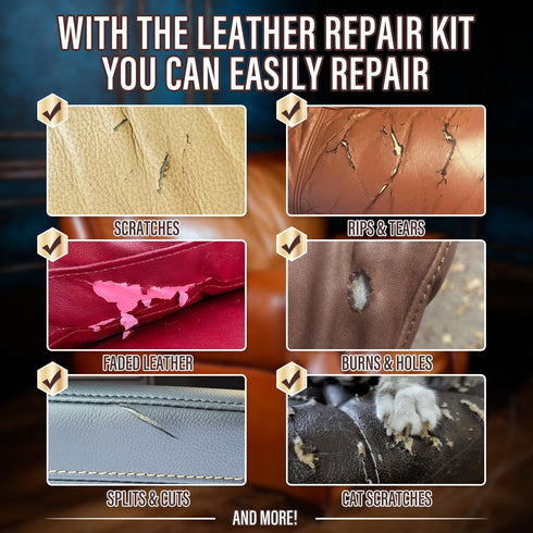 Leather Repair Kit for Furniture, Sofa, Jacket, Car Seats and Purse. Vinyl Repair Kit. Super Easy Instructions to Match Any Color, Restore Any Mat...