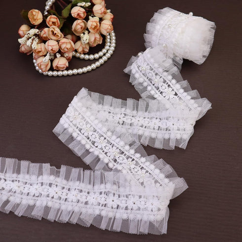 IDONGCAI Multilayer Ruffled Lace Trim Fabric Floral Embroidery Ruffled Lace Pleated Ruffled Lace Ribbon for Wedding Dress Tutu Skirt Home Decor Gi...