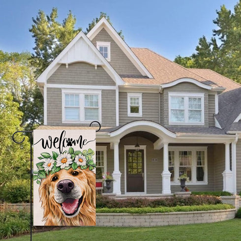 Welcome Spring Dog Golden Retriever Decorative Garden Flag, Puppy Yard Outside Decorations, Summer Farmhouse Outdoor Small Home Decor Double Sided...
