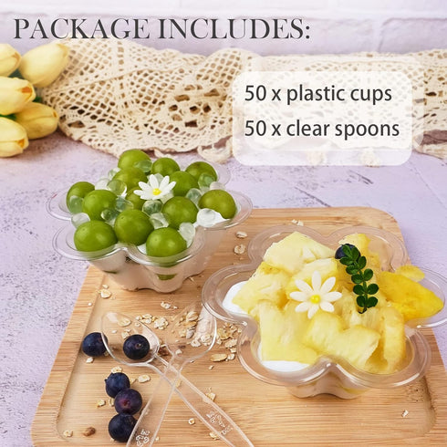 50ct 8oz Clear Plastic Dessert Cups with Spoons, Disposable Flower Shaped Ice Cream Bowls, Party Sundae Serving Bowls for Ice Cream, Nuts and Sala...