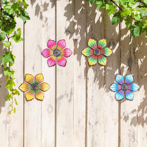 Quinnsus 4 Pack Outdoor Metal Flower Wall Art Fence Decor Garden Patio Hanging Flowers Decorations for Outside Yard Porch Living Room 7x7 in...