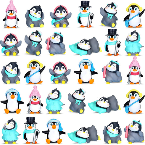 Macarrie 30 Pcs Penguin Figurines Cute Penguin Characters Toys Mini Penguin Figurines Collection Playset Mini Cartoon Penguin Cake Topper Winter P...