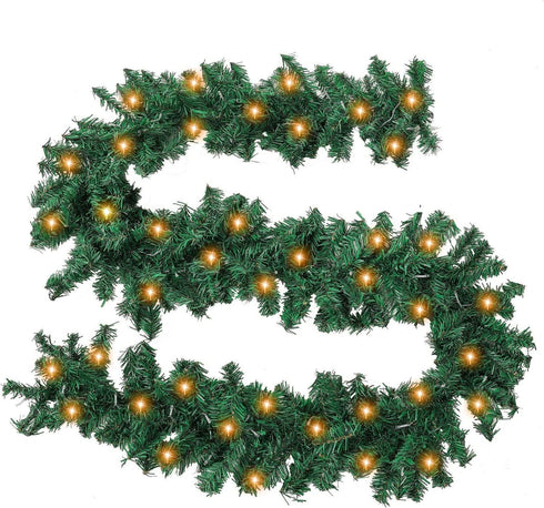 9 ft Prelit Christmas Pine Garland with 50 Battery Operated Warm White LED Lights Timer Outdoor Display...