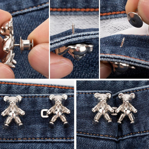 4 Sets Cute Bear Button Pins for Jeans? No Sew and No Tools Instant Pant Waist Tightener, Adjustable Jean Buttons Pins for Loose Jeans Replacement...