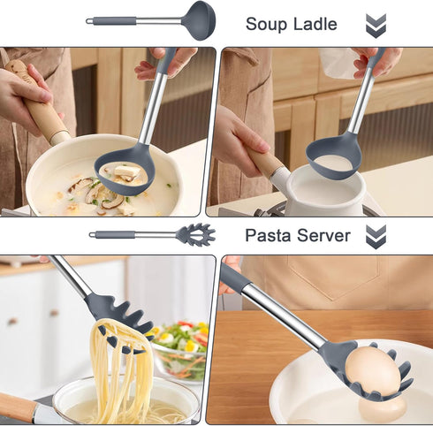 TeamFar Silicone Kitchen Utensils, 2 Pcs Large Nonstick Soup Ladle and Pasta Fork for Cooking Mixing Serving Soup, Sauce, Spaghetti, Eggs, Non-Tox...