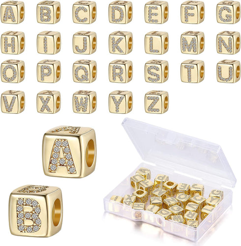 Hicarer 26 Pieces Rhinestone Letters Cube Beads ABC Alphabet Dice A-z Beads Big Hole DIY Charm for Jewelry Making Bracelet Necklace Earrings(Squar...