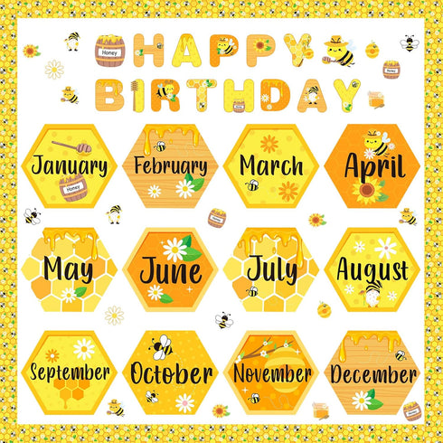 63 Pcs Bee Themed Birthday Bulletin Board Sets Paper Cutouts with Glue Point Bee Birthday Classroom Bulletin Board Display Bee Theme Birthday Char...