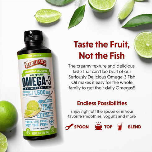 Barlean's Key Lime Pie High Potency Omega 3 Fish Oil Liquid Supplement, 1500mg of EPA& DHA Fatty Acid, Smoothie Flavored & Burpless for Brain, Joi...