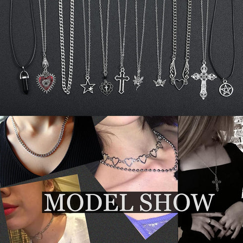 14 Pcs Grunge Goth Necklace Set Y2k Grunge Jewelry Gothic Cross Y2k Star Emo Accessories Y2k Jewelry Set for Women Men...