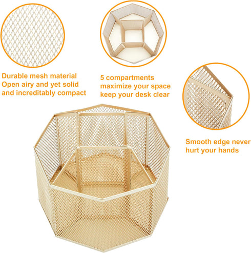 Annova Mesh Desk Organizer Rotate with 5 Compartments Spinning Tidy Candy/Pen Holder Office, Art Supply, Storage, Classroom, Home (Gold)...