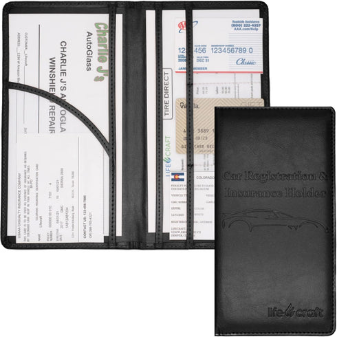 Lifecraft Insurance Registration Document Holder for Glove Box Compartment Organizer Auto Drivers License, ID and Cards - Premium PU Leather Vehic...