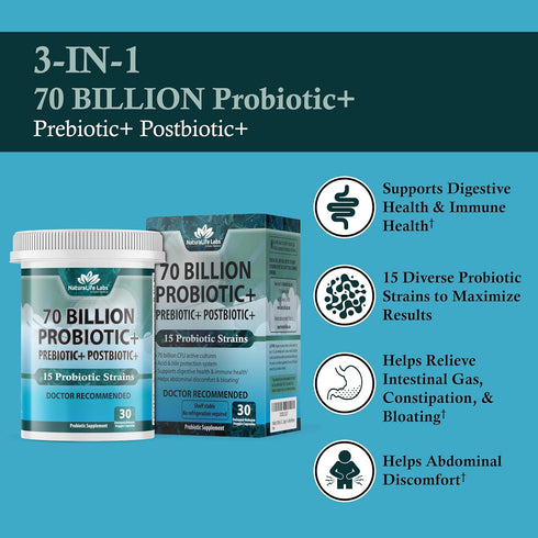 Probiotics 70 Billion CFU – 15 Probiotic strains + Organic Prebiotic+ Postbiotic 3-in-1 Complete – Promotes Healthy Digestive & Immune Function –G...