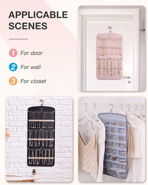 BAGSMART Hanging Jewelry Organizer, Necklace Holder Anti-tangle Earrings Rings Hanger with 20 Jewelry Bags Travel Storage Roll with Pockets Hang o...