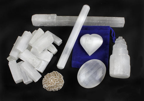 DANCING BEAR Selenite Protection Collection (22 pc Set): 12-15 Sticks (1.5-2”), Palm Stone, Heart, Tower, 8" Stick, 5.5" Massage Wand, and Desert ...