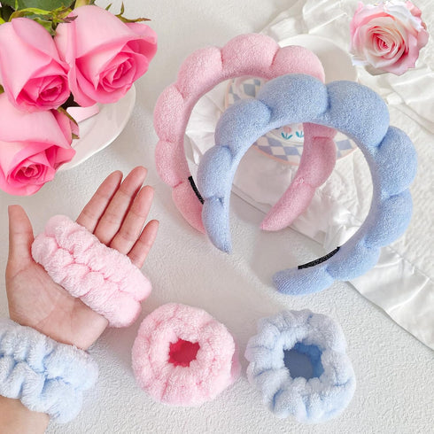 Spa Headband for Washing Face, Sponge Makeup Skincare Headband & Wristband Set Non Slip Headbands Soft Puffy Headwear Hair Accessories for Women G...