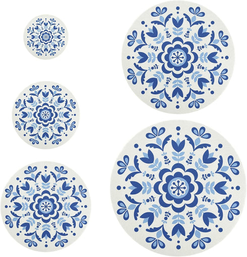 Reusable Stretchy Bowl Covers 5 Pieces, Circle Floral Blue Food Storage Container Elastic Covers, Dough Covers Reusable Fabric Covers for Bread Pr...
