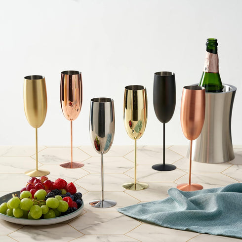Oak & Steel - 4 Silver Stainless Steel Champagne Flutes with Gift Box, 284 ml - Elegant, Solid & Unbreakable - Outdoor Parties, Picnic, Beach & Po...