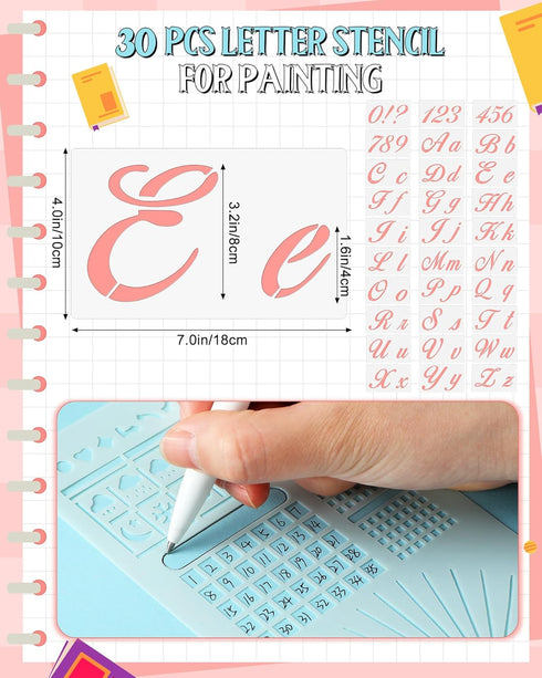 Tenare 30 Pcs Letter Stencil for Painting 4 x 7 Inch Alphabet Journal Stencil Reusable Plastic Letter and Number Stencil Font Template for Journal...