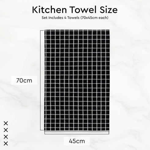 Encasa XO Cotton Kitchen Towel Set | Hand and Tea Cloth for Cleaning & Quick Drying, X-Large 28"x18" (Pack of 4) Highly Absorbent - Butcher Black...