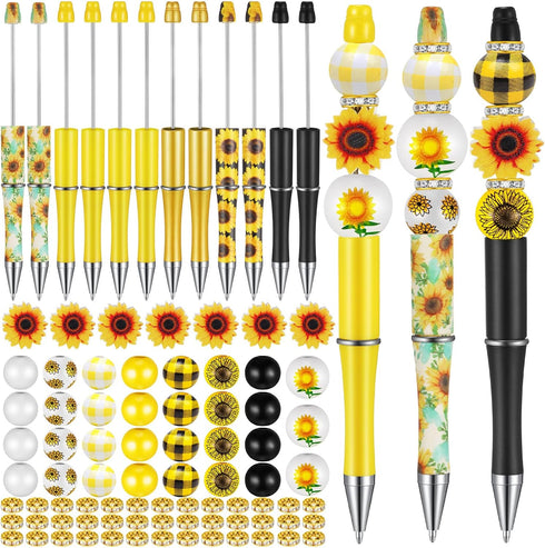 12 Set Plastic Beadable Pens Assorted Bead Pens Wood Beads Crystal Spacer Beads Set Round Beads Black Ink Ballpoint Pen DIY Bead Pen Set for Women...