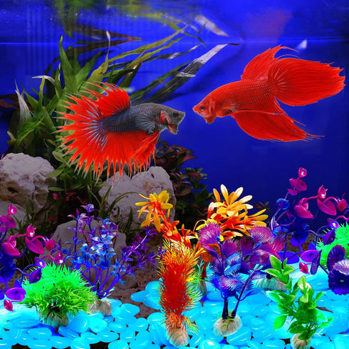Jexine 100 Pcs Fish Tank Rocks Glow Blue, Fish Tank Stones Accessories Gravel with 10 Pack Artificial Aquatic Plants Fish Tank Plants Plastic Cora...