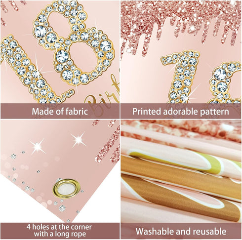 Sweet 18th Birthday Banner Backdrop Decorations for Girls, Rose Gold 18 Birthday Party Sign Supplies, Pink 18 Years Old Birthday Poster Background...