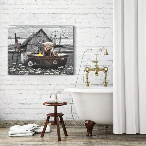 Farmhouse Bathroom Decor Wall Art Funny Highland Cow in Bathtub Pictures Wall Decor Rustic Bathroom Cow Painting for Bathroom Toilet Cattle Artwor...