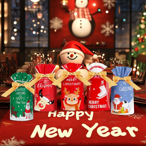 DLY 50 Pcs Christmas Candy Bag Christmas Treat Bags Candy Goodies Plastic Drawstring Gift Bags Merry Christmas Treat Bags for Birthday Party Snack...