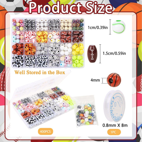 400 Pcs Sports Ball Beads for Jewelry Making, Acrylic Sports Beads Bulk, Baseball Basketball Soccer Volleyball Softball Football Beads with Box, S...