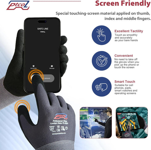 Safety Work Gloves Micro-Foam Nitrile Coated-6 Paris, Seamless Knit Touchscreen Nylon Gloves, with Black Nitrile Grip, for Warehouse, Home Improve...