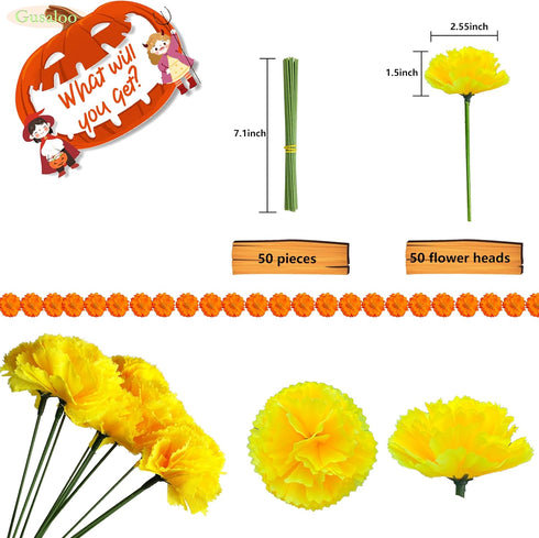 Marigold Flower Heads Bulk 50Pcs, Marigold Artificial Flowers for Diwali Home Decor DIY Wreath Garland Craft Wedding Party Day of The Dead Decorat...