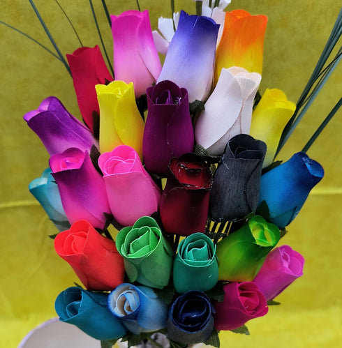 Assorted Colors Wooden Rose Closed Bud Bouquets 2 Dozen...