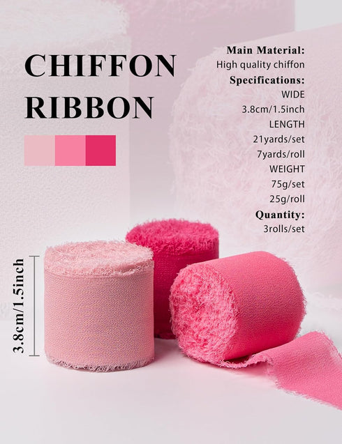 Chiffon Ribbon, Hot Pink Pastel Pink 1.5''x21Yd Frayed Fringe Silk Ribbon for Gift Wrapping, Handmade Ribbons for Floral Vase Decoration, Wedding,...
