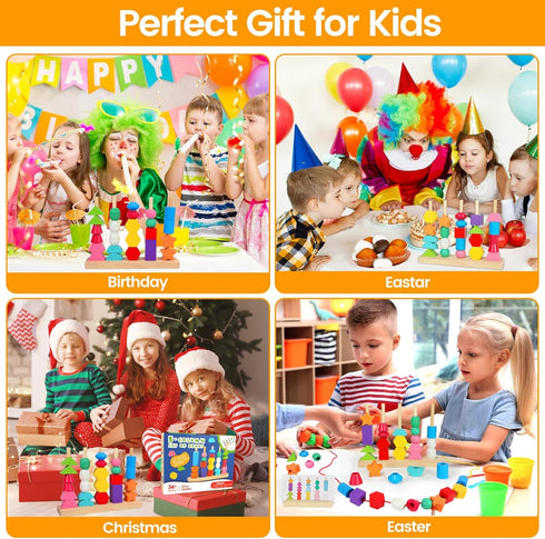 Montessori Toys for 2 3 4 Year Old Wooden Shape Matching Game & Lacing Beads Preschool Learning Activities Fine Motor Skills Toys Sorting Stacking...