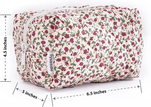 Floral Puffy Quilted Makeup Bag, Toiletry Tote, Cosmetics Pouch, Quilted Tote Floral, Floral Cosmetic Bag (Flowers Red)...
