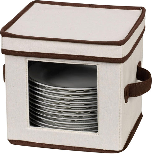 Household Essentials 534 Dinnerware Storage Box with Lid and Handles | Chest for Salad Plates | Natural Canvas with Brown Trim...