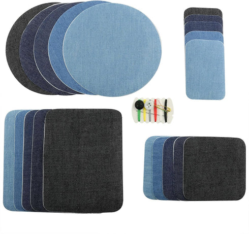 20pcs Denim Patches DIY Iron On Mending Patches with One Mini Sewing Kit for Jean Clothing and Jean Pants Apparel Sewing Fabric...